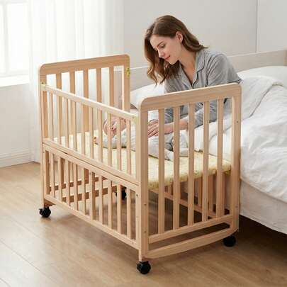 SMALL SPACE BABY CRIB - PORTABLE PINE CRIB WITH WHEELS, THREE-LEVEL HEIGHT ADJUSTABLE, MINI CRIB WITH MATTRESS, SUITABLE FOR SMALL ROOMS, UNPAINTED, SUITABLE FOR NEWBORNS 0-36 MONTHS.