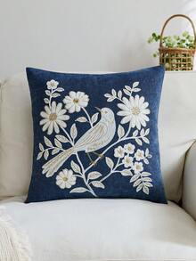 1pc Blue Floral Embroidered Throw Pillow Cover, Suitable For Indoor Decor, Spring Flower Decorative Cushion Cover, Applicable For All Seasons, Pillow Insert Not Included - Blue - View 2