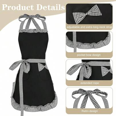 女士复古荷叶边围裙，黑色底，饰以红白格子蝴蝶结和口袋，甜美乡村风格，适合居家、户外烘焙、烹饪、烧烤、餐厅、厨房、花园或手工桌使用。