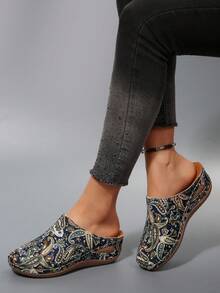 New Retro Paisley Pattern Wedge Mule Shoes For Women, Hollow-Out Side Open Thick Bottom Slip-On Sandals, Comfortable Soft Bottom Slouchy Outdoor Wear Backless Slippers - Floral Green - View 7