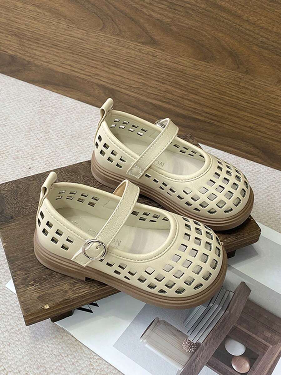 1双女童/幼儿时尚镂空凉鞋，休闲派对/绑带款式，透气网布材质，儿童平底鞋，杏色波西米亚风，西部音乐节派对服装 - 米色 - 查看 1