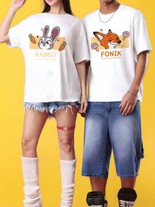 Disney  Background Sweet Elements: Judy And Nick "Pet Love Logo" Couple T-Shirts, With The Women'S Version Featuring Judy'S "Pink Rabbit Classic Print + 'RABBIT' + Pet Love Slogan" And The Men'S Version Showcasing Nick'S "Orange Fox Pat - Women's White - View 1