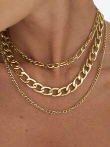 3pcs/Set Gold-Tone Multi-Layer Chunky Chain Necklace Set For Women, Fashionable Punk Hiphop Style Layered Chain Necklaces Gift (Chain, Circle Buckle And Bead Quantity Random) - Yellow Gold - View 3