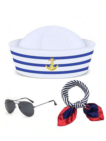 水手套装：锚形帽、时尚眼镜和围巾，蓝色条纹套装，适合海滩旅行、制服表演、化装舞会