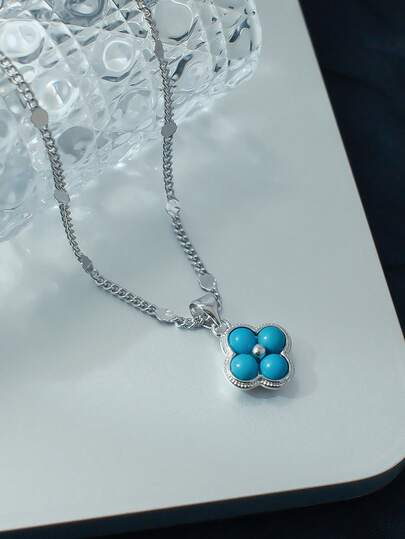 1件绿色串珠四叶草吊坠项链，中国风幸运符锁骨链，适合女性日常佩戴