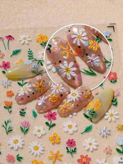 1 Sheet Spring Floral Themed Nail Art Stickers, Featuring Daisies, Tulips, Cherry Blossoms, And Other Spring Flowers Paired With Ladybugs, Bees, And Greenery, Creating A Fresh, Soothing, And Romantic Forest-Inspired Look Suitable For Everyday, Dates, Outdoor Trips, Or Nature-Themed Outfits