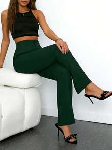 Pantalones rectos casuales con bolsillos y cremallera para mujer de talla pequeña, aptos para uso diario en primavera - Verde Oscuro - Ver 6