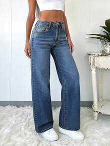 Quần jeans ống rộng thanh lịch và thoải mái dành cho nữ, chất liệu denim, màu trơn đã qua xử lý, dài đến mắt cá chân, độ co giãn vừa phải, thích hợp cho mùa xuân. - Rửa tối - Xem 7