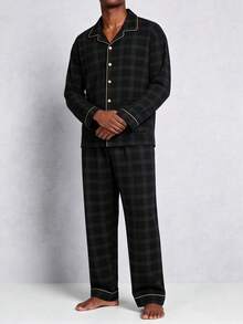 Snug League 男士格子睡衣套装，纯棉长袖上衣和长裤，透气吸汗，适合春秋季和秋冬季穿着。 - 黑色 - 查看 3