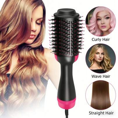 MORE BEAUTY Hot air comb, hair dryer/hair dryer brush, a four-in-one multi-functional hair care tool, a negative ion anti-frizz ceramic titanium rod hot air straightening brush, hot air styling tool and volumizing tool for achieving smooth and non-frizzy results - 60mm oval curling iron suitable for salon blow-drying and quick drying - One-step drying, volumizing and straightening, iron, hair dryer, curling iron, 1200W(Pink)