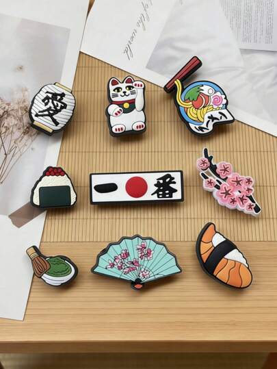 9件套4毫米厚拉面、樱花、抹茶、寿司、招财猫鞋饰配件套装，男女通用DIY凉鞋装饰，创意礼物，派对小礼物，趣味礼物