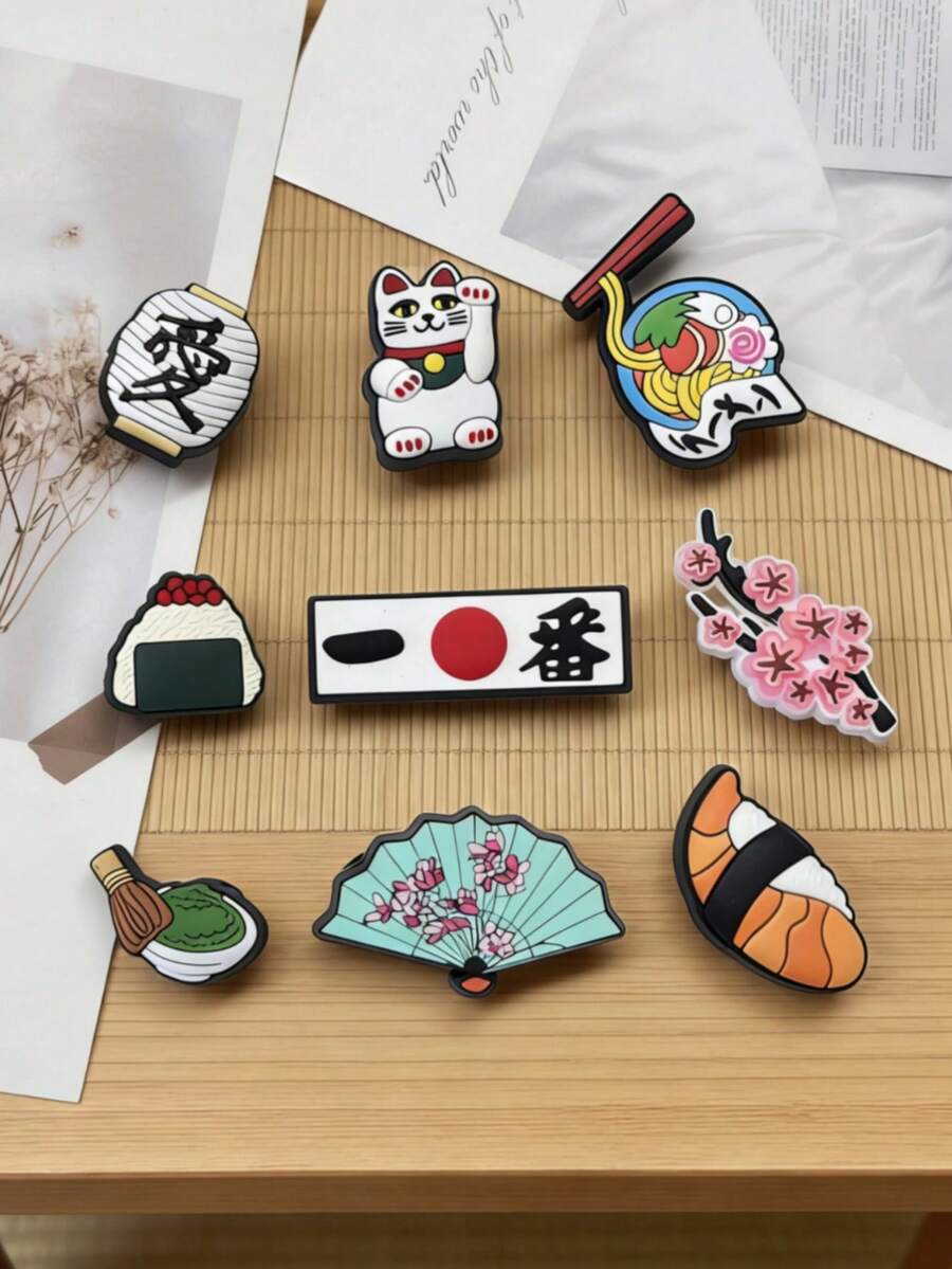 9件套4毫米厚拉面、樱花、抹茶、寿司、招财猫鞋饰配件套装，男女通用DIY凉鞋装饰，创意礼物，派对小礼物，趣味礼物