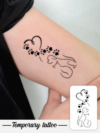 一款印有可爱爱心和小狗图案的临时纹身贴纸。防水、防汗、可水洗、不反光。适用于手臂和肩膀纹身，非常适合个人使用。可持续3-5天。