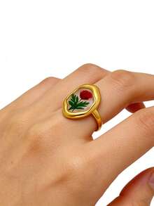 New Handmade Dried Flower Oil Drop Ring, Creative Stainless Steel Oval Heart Shaped Dried Flower Handmade Oil Drop Open Ring, Sweet Cute Everlasting Flower Ring For Women, Non-Fading - Multicolor - View 16