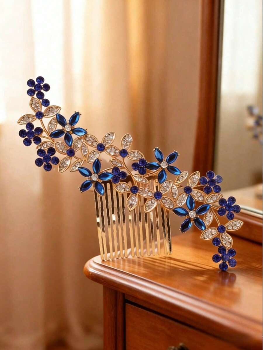 1pc Women's Luxury Rhinestone Flower Hair Comb, Suitable For Party, Wedding And Other Occasions - Royal Blue - View 1