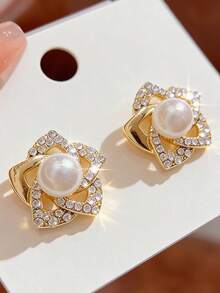 2件套金色仿珍珠水钻花朵耳环，优雅闪亮的新娘/伴娘耳环，百搭日常佩戴，适合日常、节日、派对、生日、情人节、约会、送礼等场合。 - 彩色 - 查看 4