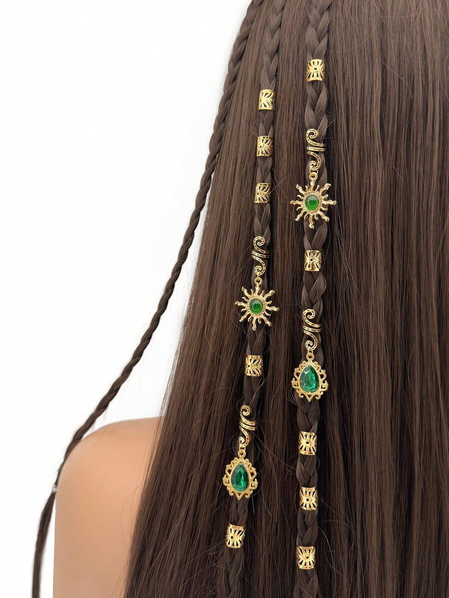 Bộ 14 kẹp tóc và vòng cài tóc hình giọt nước đính đá kiểu Baroque họa tiết mặt trời, phù hợp cho phụ nữ và bé gái, lễ hội âm nhạc. - Vàng - Xem 1