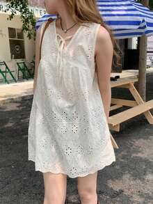 Women's Solid Color Sheer Eyelet Lace-Up Sleeveless Blouse, Suitable For Country Music Concerts, Tea Parties, Summer White - White - View 3