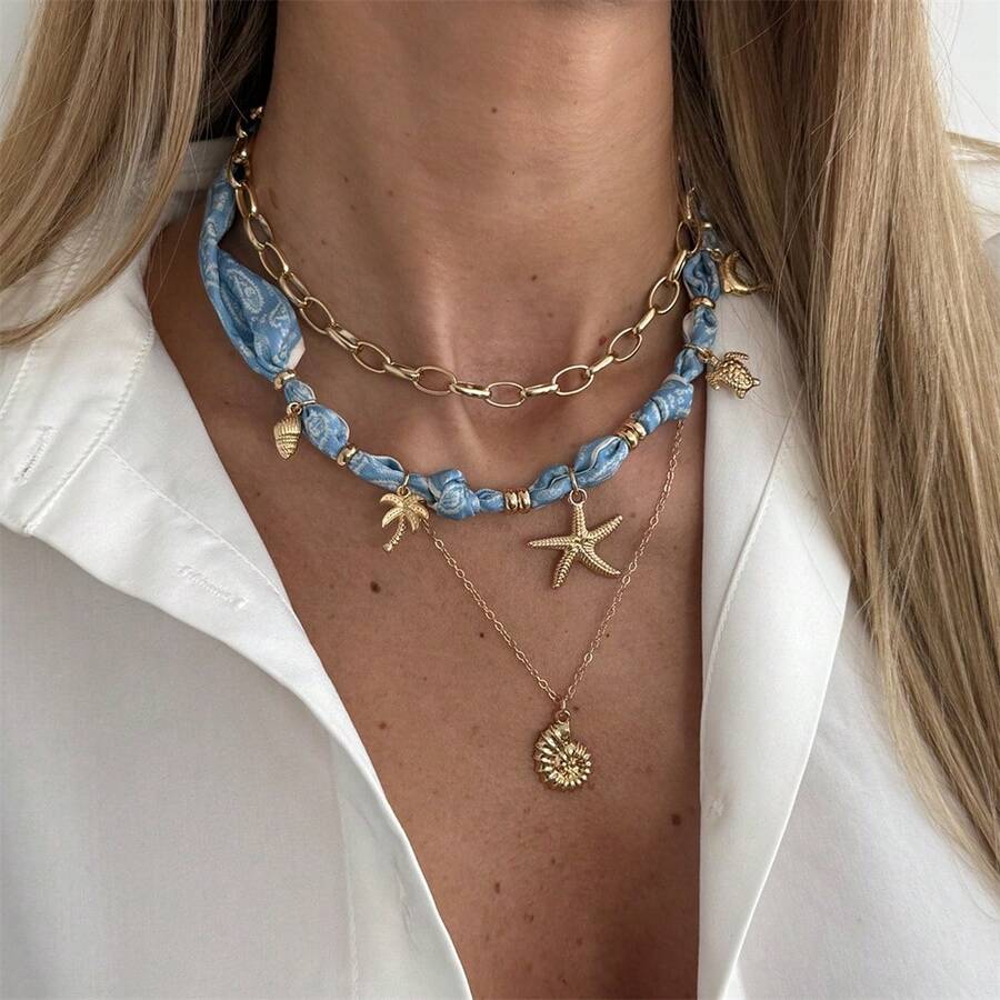 3件套海星贝壳围巾项链套装，适合女士海滩度假和旅行佩戴 - 彩色 - 查看 1