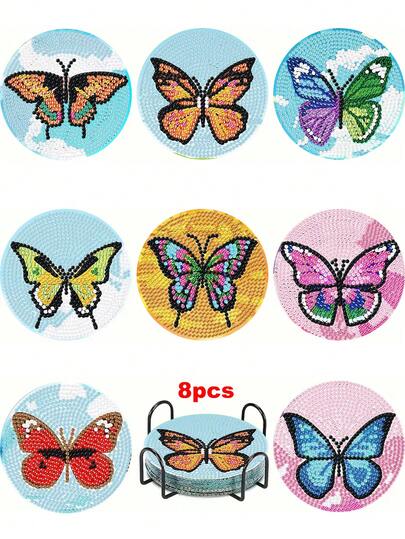 Bộ 8 đế lót ly tranh đính đá hình bướm, bề mặt kim cương tròn sáng bóng, keo dán chắc chắn, kèm đầy đủ dụng cụ, dễ dàng cho người mới bắt đầu, đồ thủ công giúp giảm căng thẳng, quà tặng năm mới, ngày Valentine, Giáng sinh, ngày Nhà giáo, đồ trang trí nhà cửa cho gia đình, bạn bè, người yêu, giáo viên.