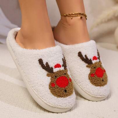 Dép bông Giáng sinh cho nam và nữ - Dép lông cừu thêu hình tuần lộc/cây thông Noel, kiểu dáng kín mũi, ấm áp và chống trơn trượt cho kỳ nghỉ đông.