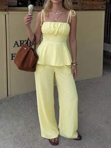 PoPoHouse 女士优雅两件套，系带荷叶边吊带背心 + 宽松阔腿裤，休闲通勤、办公室、海滩度假日常穿搭，黄色夏季款 - 黃色 - 查看 3