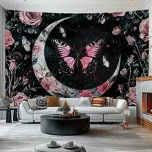 Living Room Or Studio Decor 1pc Moonlit Night Tapestry With Pink Roses & Crescent Moon - Black Wall Hanging For Indoor/Outdoor, Butterfly & Floral Design Suitable For Parties, Weddings, Birthdays, Día De Los Muertos - Elegant Night Sky Decor - 1PC - 查看 1