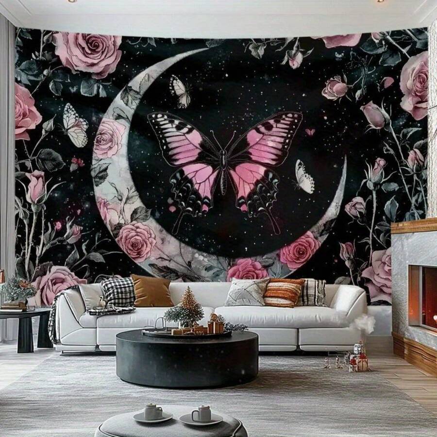 Living Room Or Studio Decor 1pc Moonlit Night Tapestry With Pink Roses & Crescent Moon - Black Wall Hanging For Indoor/Outdoor, Butterfly & Floral Design Suitable For Parties, Weddings, Birthdays, Día De Los Muertos - Elegant Night Sky Decor - 1PC - 查看 1