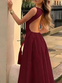 Vuslat 新款时尚百搭修身A字连衣裙，优雅简约无袖设计，适合度假、下午茶、办公通勤、日常穿着、派对等场合。 - 酒紅色 - 查看 9