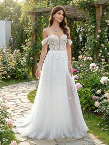 YOUKEFEIER Off-The-Shoulder Deep V Lace Embroidered Sexy Long Wedding Dress - White - View 8