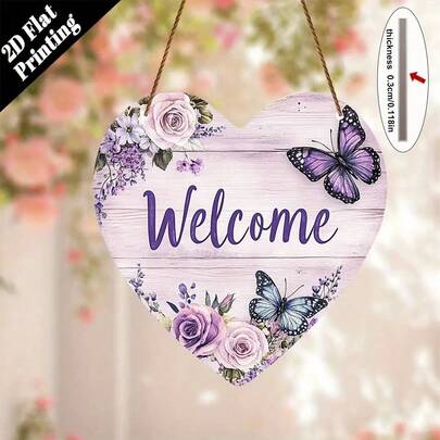 2D Printed, 1pc Wooden Welcome Sign, Decorative Plaque, Butterfly Welcome Plaque, Romantic Decor, Heart-Shaped Hanging Ornament, Floral Wall Art, Mother's Day Gift, Valentine's Day Gift, Gift For Romantic Couples, Bedroom Decor, Living Room Wall Decor