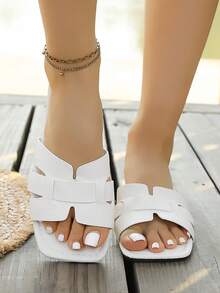 Sandali piatti casual stile vacanza per adolescenti, punta tonda, decorazione a fascia incrociata a forma di H, per uso quotidiano e pendolarismo, nero, bianco, marrone - Bianco - Visualizzare 5