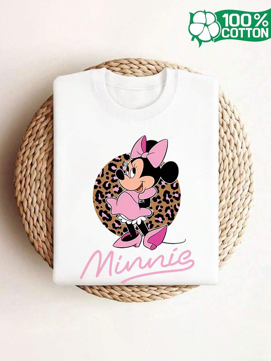 Disney Spring/Summer Women's Pure Short-Sleeve Disney Crew Neck Casual T-Shirt, Minnie Leopard Print Pattern And Text, Women's Running Fashion Crew Neck 100% Pure Short-Sleeve T-Shirt, Short-Sleeve Crew Neck Casual Top, Disney Journey Pure Short-Sleeve Top - White - View 1