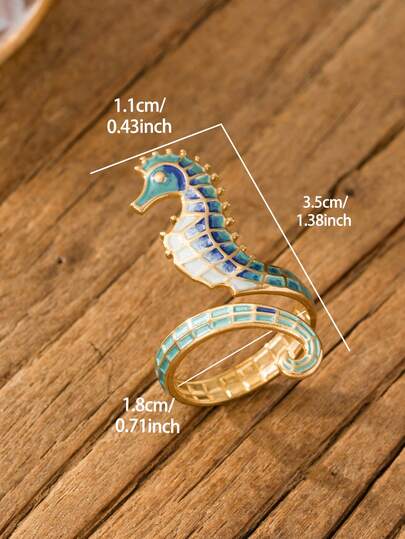 SophiaXuan 1. Nhẫn hở hình cá ngựa bằng thép không gỉ tráng men, thuộc dòng sản phẩm Ocean Series, thiết kế độc đáo, phong cách retro Bohemian, phụ kiện cho kỳ nghỉ lễ.