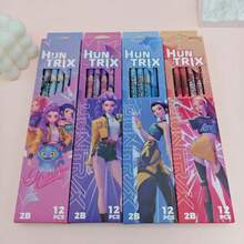 12支装KPOP卡通女巫组合极简设计木质铅笔，带橡皮擦，适合学生和幼儿园使用 - 彩色 - 查看 3