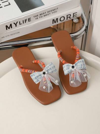 Summer Kids' Fashion Slippers, Lace Floral Bow, Cute Woven Flowers, Gradient Multi-Color Rhinestones, Square Toe, Soft Woven Fabric Upper, Girls' Versatile Flip Flops, Suitable For Beach, Outdoor, Home