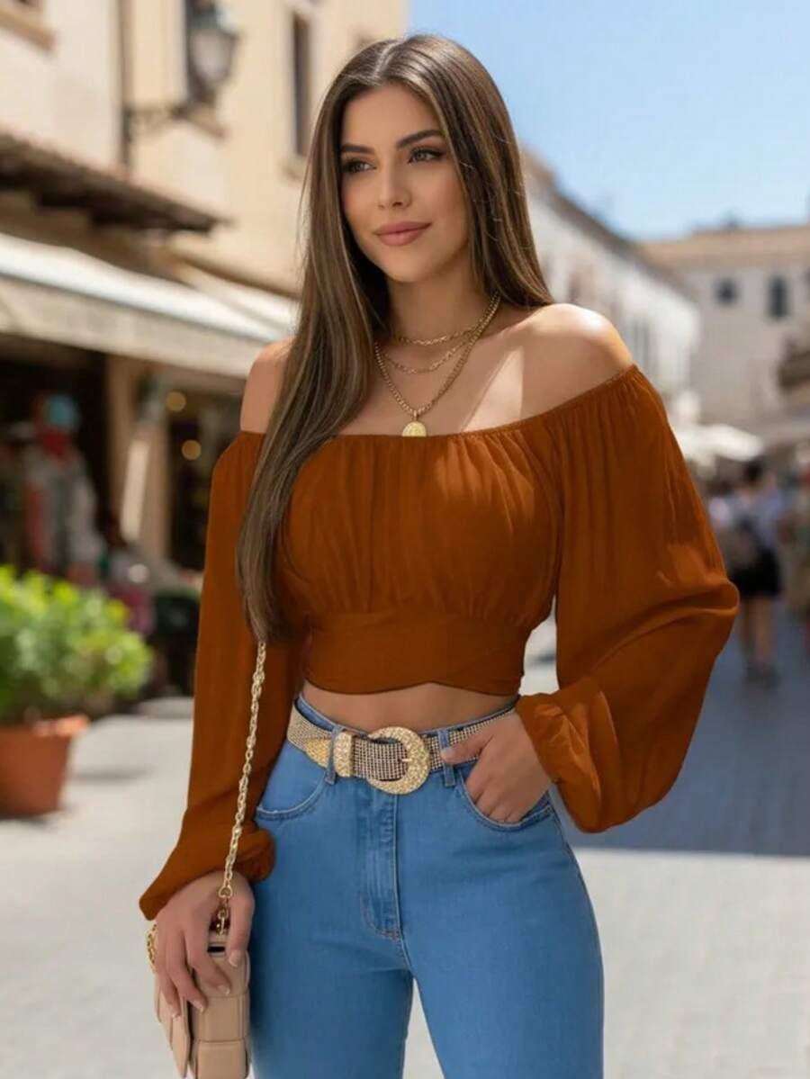 Blusa Crop campesina pecho fruncido con cinta de amarre trasera - Café integral - Ver 1