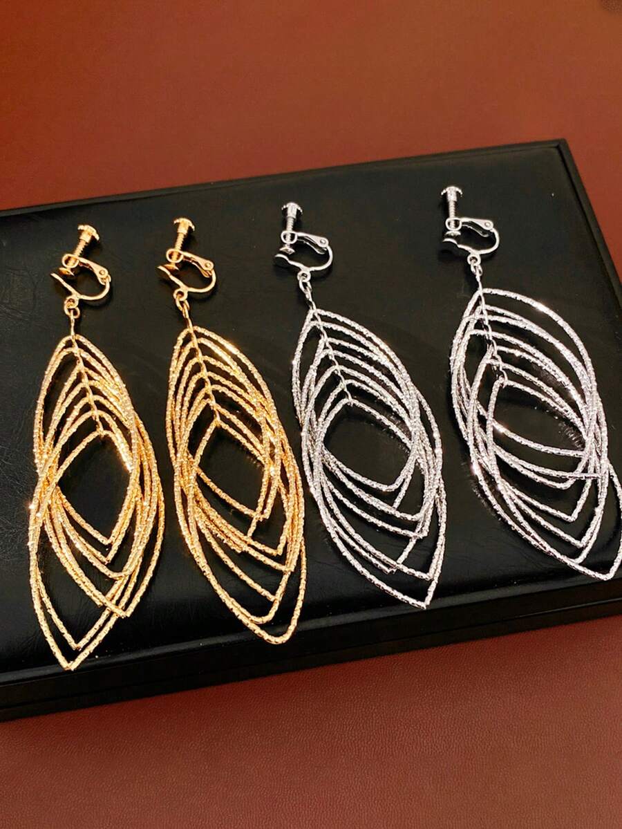 1对时尚金属多层镂空耳夹，简约线性几何吊坠耳环，适合无耳洞佩戴 - clip - 查看 1