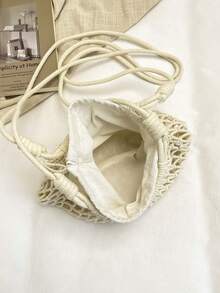 French Hollow Out Niche Casual Large Capacity Woven Shoulder Tote Bag, Minimalist Artistic Spring/Summer New Beach Vacation Style Crossbody Bag - Beige - View 9