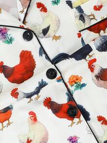 2 件套女士夏季休闲短袖睡衣，翻领纽扣短袖上衣和宽松弹力短裤，卡通动物小鸡图案，舒适宽松，适合所有季节，家居服 - 彩色 - 查看 7