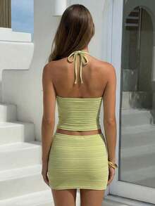 Conjunto sexy de 2 piezas para petite, top halter con cuentas y espalda descubierta, y minifalda ajustado, adecuado para vacaciones, citas y uso diario - Verde - Ver 5
