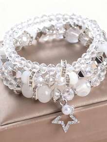 3pcs Women's Bohemian Style Crystal Beaded Silver-Tone Alloy Embedded Glass Rhinestone Star Pendant Bracelet Set - White - View 1
