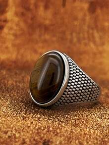 1pc US Size European And American Hot-Selling Personalized Fashion Tiger Eye Natural Stone Stainless Steel Ring, Suitable For Friends, Colleagues, Dad, Mom, Boyfriend, Couples - Silver - View 14