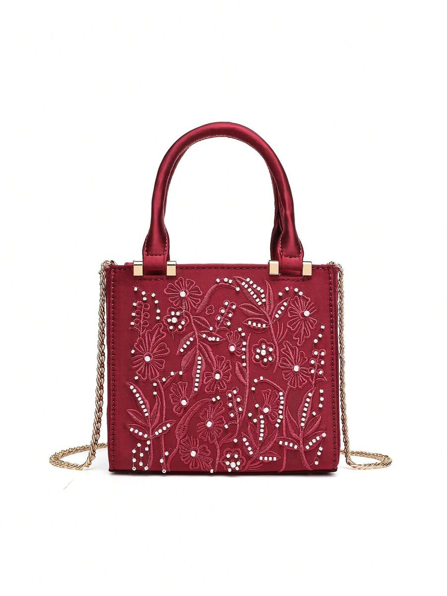 时尚花卉刺绣方形包 高品质手提包 大容量女士手提包 女士钱包 单肩斜挎包 - 酒紅色 - 查看 1