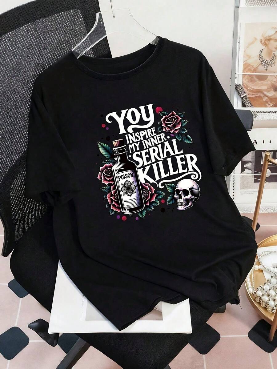 Women's Plus Size Casual T-Shirt With Vibrant Digital Print, Round Neck Short Sleeve Top For Casual Attire, Versatile Gift Item | Playful Graphic Tee | Comfortable Fit, Women's Spring & Fall Top For Daily Wear - 黑色 - 查看 1