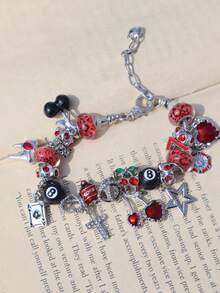 1条豹纹哥特樱桃吊坠手链，1条黑色8号球樱桃手链，1条星形女孩星星手链，1条幸运数字777手链，1条豹纹十字星手链，1条暗黑哥特红色樱桃牙齿手链 - 銀色 - 查看 5
