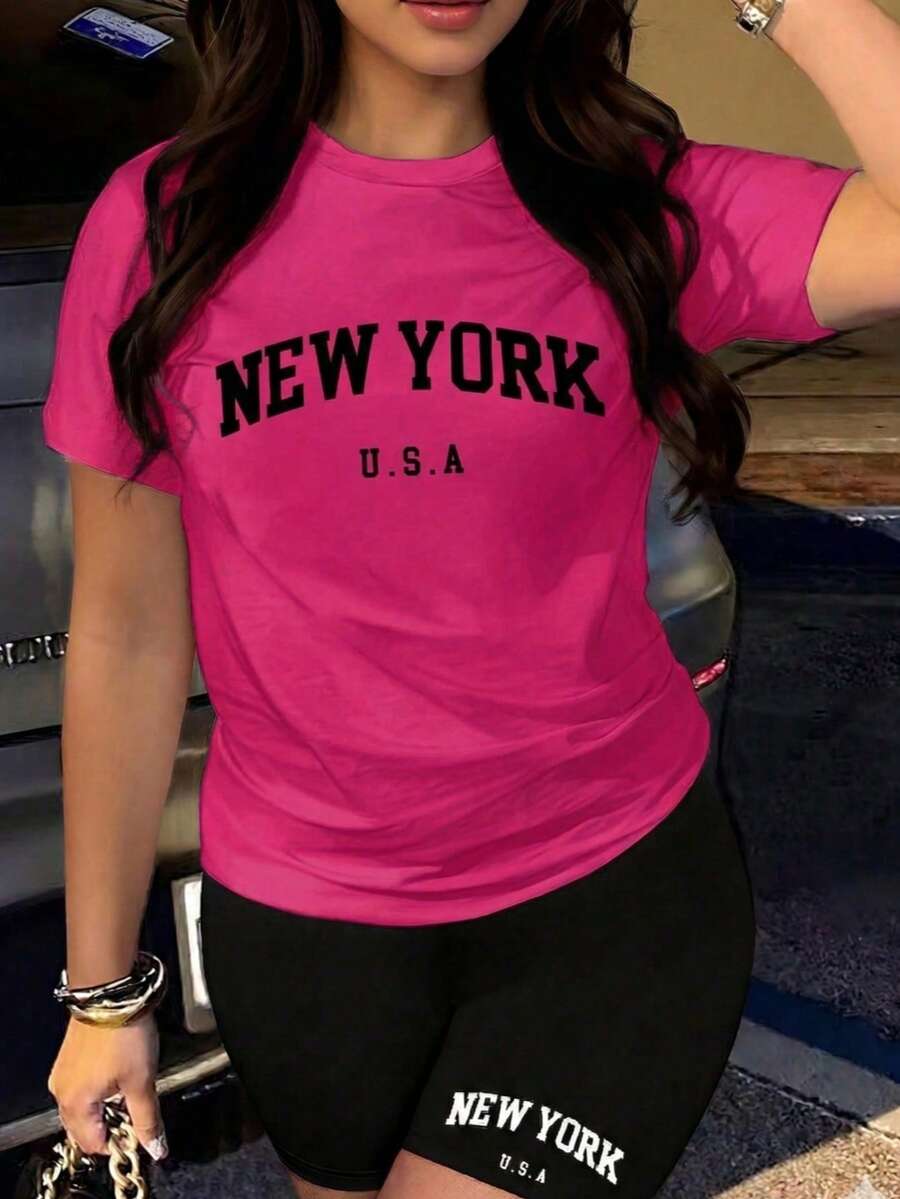 Conjunto set paquete pack 2 piezas dama mujer playera camiseta blusa gráfica manga corta cuello redondo shorts leggings biker cortos básico casual estampado ciudades new york NY nueva york - Rosa Fucsia - Ver 1