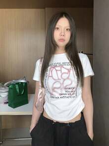 Áo thun crop top in họa tiết, cổ tròn, tay ngắn, màu trắng, kiểu dáng thường ngày, thích hợp cho mùa hè. - trắng - Xem 3