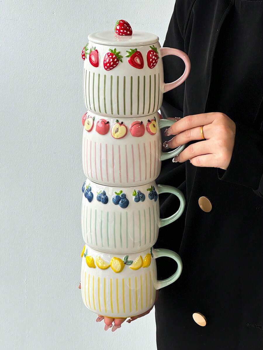 Bộ 1 cốc sứ in hình trái cây 3D sáng tạo có nắp, dung tích lớn, dùng làm cốc nước, cốc cà phê, cốc đồ uống, quà tặng ngày lễ, cốc trà.