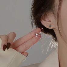 Asymmetric Star Stud Earrings For Women, Minimalist Four-Pointed Star & Double Star Design, Hypoallergenic Daily Wear Jewelry - Gold - View 3